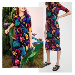 FARM RIO Mystic Jungle Midi Knit Dress Whimsical Vibrant Cocktail Vacation